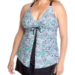 Beach Diva Tankini Top Sz 12-14 Aqua Black Paisley Floral Beach Swimwear